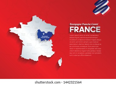 Vector isolated illustration of simplified administrative map and flag  of France. Blue shape of Bourgogne-Franche-Comté. Borders of the provinces (regions). Grey silhouettes.