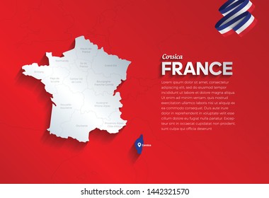 Vector isolated illustration of simplified administrative map and flag  of France. Blue shape of Corsica. Borders of the provinces (regions). Grey silhouettes.