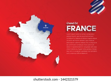 Vector isolated illustration of simplified administrative map and flag  of France. Blue shape of Grand Est. Borders of the provinces (regions). Grey silhouettes.