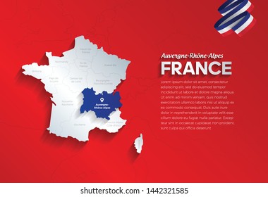 Vector isolated illustration of simplified administrative map and flag  of France. Blue shape of Auvergne-Rhône-Alpes. Borders of the provinces (regions). Grey silhouettes.