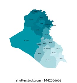 Vector isolated illustration of simplified administrative map of Iraq. Borders and names of the governorates (regions). Colorful blue khaki silhouettes