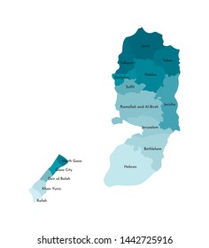 Vector isolated illustration of simplified administrative map of Palestine (West Bank and Gaza Strip). Borders and names of the governorates (regions). Colorful blue khaki silhouettes