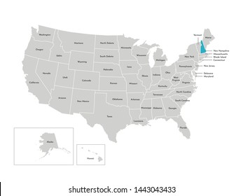 Vector isolated illustration of simplified administrative map of the USA. Borders of the states with names. Blue silhouette of New Hampshire (state)