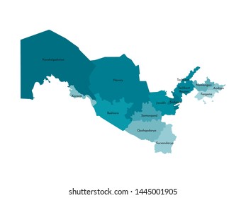 Vector isolated illustration of simplified administrative map of Uzbekistan. Borders and names of the regions. Colorful blue khaki silhouettes