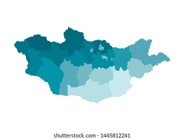 Vector isolated illustration of simplified administrative map of Mongolia. Borders of the provinces. Colorful blue khaki silhouettes.