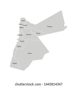 Vector isolated illustration of simplified administrative map of Jordan. Borders and names of the governorates (regions). Grey silhouettes. White outline