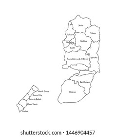 Vector isolated illustration of simplified administrative map of Palestine (West Bank and Gaza Strip). Borders and names of the governorates (regions). Black line silhouettes.