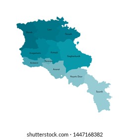 Vector isolated illustration of simplified administrative map of Armenia. Borders and names of the regions. Colorful blue khaki silhouettes