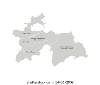 Vector isolated illustration of simplified administrative map of Tajikistan. Borders and names of the provinces (regions). Grey silhouettes. White outline