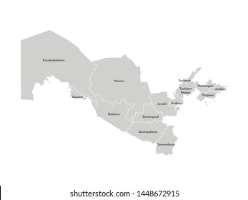 Vector isolated illustration of simplified administrative map of Uzbekistan. Borders and names of the provinces (regions). Grey silhouettes. White outline