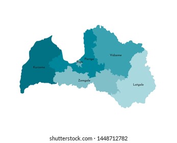 Vector isolated illustration of simplified administrative map of Latvia. Borders and names of the regions. Colorful blue khaki silhouettes
