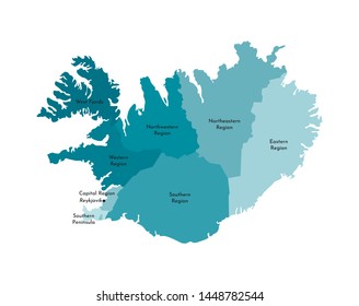 Vector isolated illustration of simplified administrative map of Iceland. Borders and names of the regions. Colorful blue khaki silhouettes