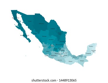 Vector isolated illustration of simplified administrative map of Mexico (United Mexican States)﻿. Borders and names of the regions. Colorful blue khaki silhouettes