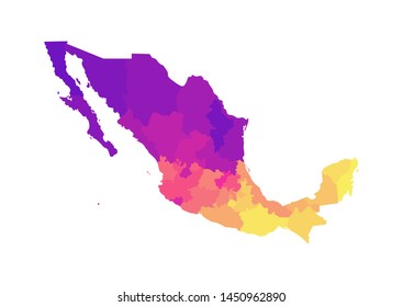 Vector isolated illustration of simplified administrative map of Mexico (United Mexican States)﻿. Borders of the regions. Multi colored silhouettes.