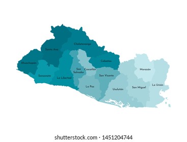 Vector isolated illustration of simplified administrative map of El Salvador. Borders and names of the departments (regions). Colorful blue khaki silhouettes