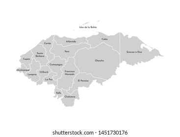 Vector isolated illustration of simplified administrative map of Honduras. Borders and names of the departments (regions). Grey silhouettes. White outline