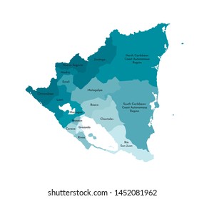 Vector isolated illustration of simplified administrative map of Nicaragua. Borders and names of the departments (regions). Colorful blue khaki silhouettes.