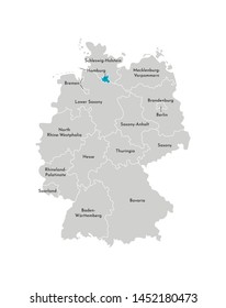 Vector isolated illustration of simplified administrative map of Germany. Blue silhouette of Hamburg (state). Grey silhouettes. White outline