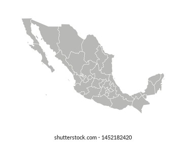 Vector isolated illustration of simplified administrative map of Mexico (United Mexican States)﻿. Borders of the provinces (regions). Grey silhouettes. White outline.