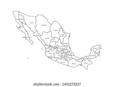 Vector isolated illustration of simplified administrative map of Mexico (United Mexican States)﻿. Borders and names of the regions. Black line silhouettes.