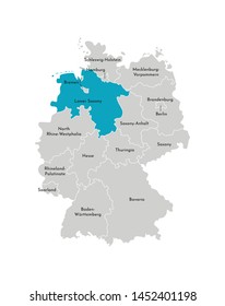 Vector isolated illustration of simplified administrative map of Germany. Blue silhouette of Lower Saxony (state). Grey silhouettes. White outline