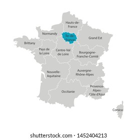 Vector isolated illustration of simplified administrative map of France. Blue shape of Île-de-France. Borders of the provinces (regions). Grey silhouettes. White outline.