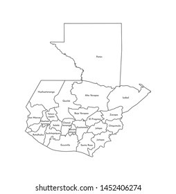 Vector isolated illustration of simplified administrative map of Guatemala. Borders and names of the departments (regions). Black line silhouettes.