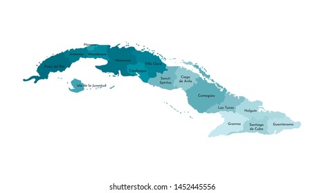 Vector isolated illustration of simplified administrative map of Cuba. Borders and names of the provinces (regions). Colorful blue khaki silhouettes