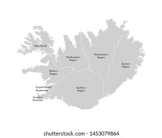 Vector isolated illustration of simplified administrative map of Iceland. Borders and names of the provinces (regions). Grey silhouettes. White outline