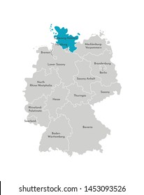 Vector isolated illustration of simplified administrative map of Germany. Blue silhouette of Schleswig-Holstein (state). Grey silhouettes. White outline