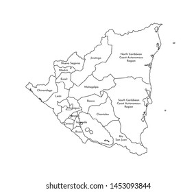 Vector isolated illustration of simplified administrative map of Nicaragua. Borders and names of the departments (regions). Black line silhouettes.