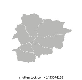 Vector isolated illustration of simplified administrative map of Andorra. Borders of the parishes (regions). Grey silhouettes. White outline.