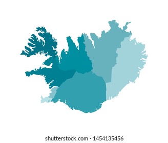Vector isolated illustration of simplified administrative map of Iceland. Borders of the regions. Colorful blue khaki silhouettes.