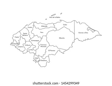 Vector isolated illustration of simplified administrative map of Honduras. Borders and names of the departments (regions). Black line silhouettes.