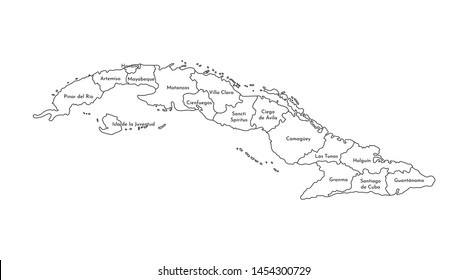 Vector isolated illustration of simplified administrative map of Cuba. Borders and names of the provinces (regions). Black line silhouettes.