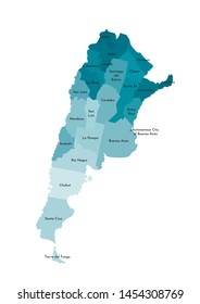 Vector isolated illustration of simplified administrative map of Argentina. Borders and names of the provinces (regions). Colorful blue khaki silhouettes