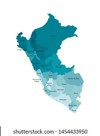 Vector isolated illustration of simplified administrative map of Peru. Borders and names of the departments (regions). Colorful blue khaki silhouettes