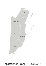 Vector isolated illustration of simplified administrative map of Belize﻿. Borders and names of the districts (regions). Grey silhouettes. White outline
