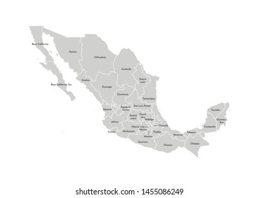 Vector isolated illustration of simplified administrative map of Mexico (United Mexican States)﻿. Borders and names of the provinces (regions). Grey silhouettes. White outline