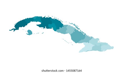 Vector isolated illustration of simplified administrative map of Cuba. Borders of the provinces (regions). Colorful blue silhouettes.