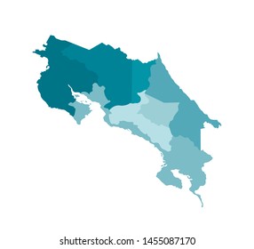 Vector isolated illustration of simplified administrative map of Costa Rica. Borders of the provinces (regions). Colorful blue silhouettes.