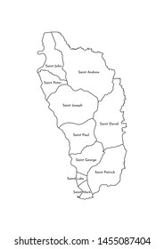 Vector isolated illustration of simplified administrative map of Dominica. Borders and names of the parishes (regions). Black line silhouettes.