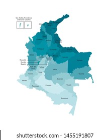 Vector isolated illustration of simplified administrative map of Colombia. Borders and names of the departments (regions). Colorful blue khaki silhouettes