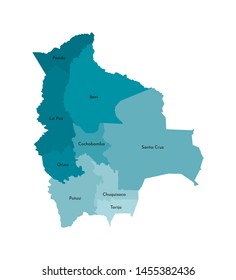 Vector isolated illustration of simplified administrative map of Bolivia. Borders and names of the departments (regions). Colorful blue khaki silhouettes