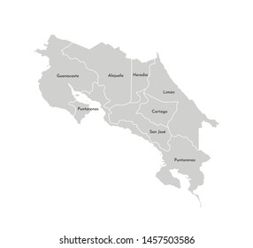 Vector isolated illustration of simplified administrative map of Costa Rica. Borders and names of the provinces (regions). Grey silhouettes. White outline