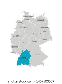 Vector isolated illustration of simplified administrative map of Germany. Blue silhouette of Baden-Wurttemberg (state). Grey silhouettes. White outline