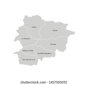 Vector isolated illustration of simplified administrative map of Andorra. Borders and names of the parishes (regions). Grey silhouettes. White outline