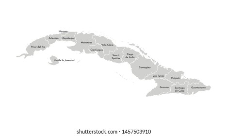 Vector isolated illustration of simplified administrative map of Cuba. Borders and names of the provinces (regions). Grey silhouettes. White outline