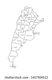 Vector isolated illustration of simplified administrative map of Argentina. Borders and names of the provinces (regions). Black line silhouettes.