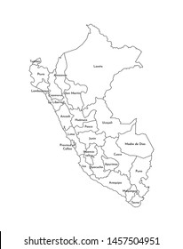 Vector isolated illustration of simplified administrative map of Peru. Borders and names of the departments (regions). Black line silhouettes.